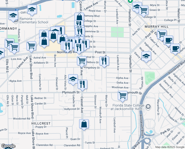 map of restaurants, bars, coffee shops, grocery stores, and more near in Jacksonville