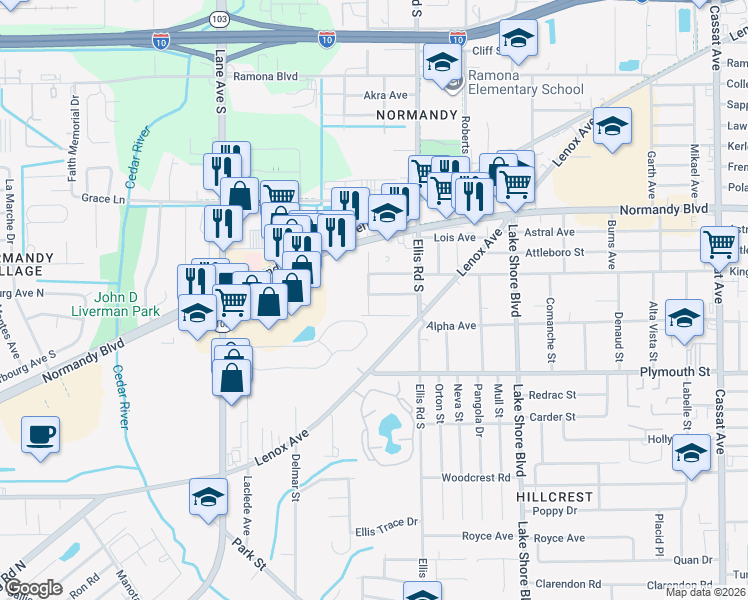 map of restaurants, bars, coffee shops, grocery stores, and more near 1113 Fountain Road in Jacksonville