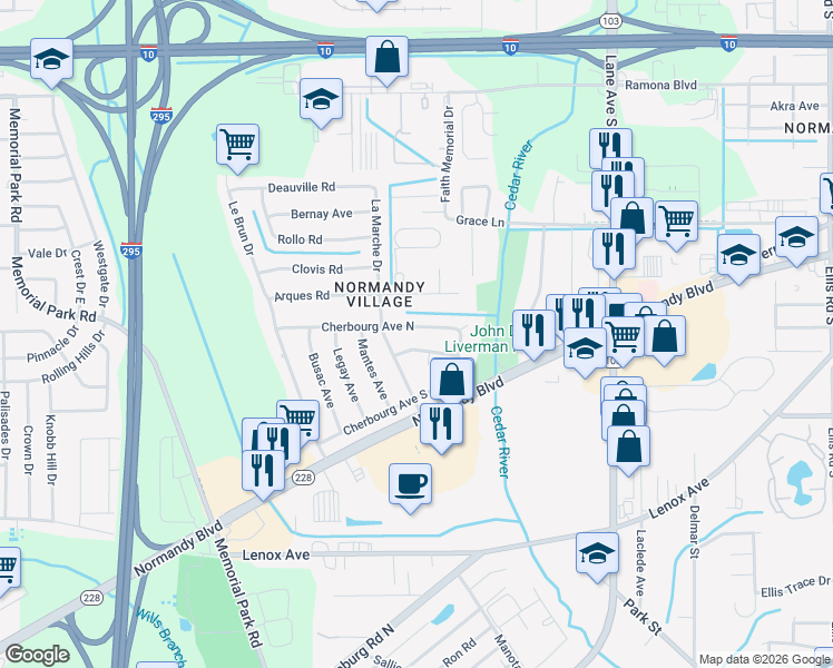map of restaurants, bars, coffee shops, grocery stores, and more near 6738 Cherbourg Avenue North in Jacksonville