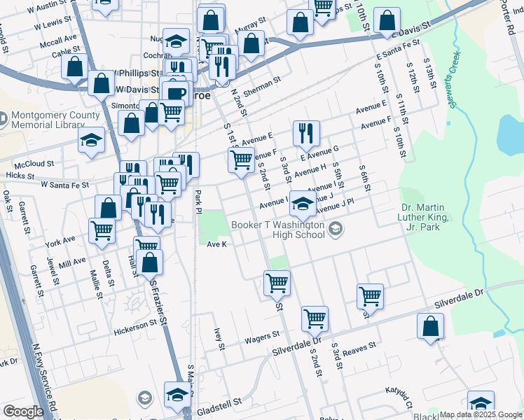 map of restaurants, bars, coffee shops, grocery stores, and more near 514 South 1st Street in Conroe