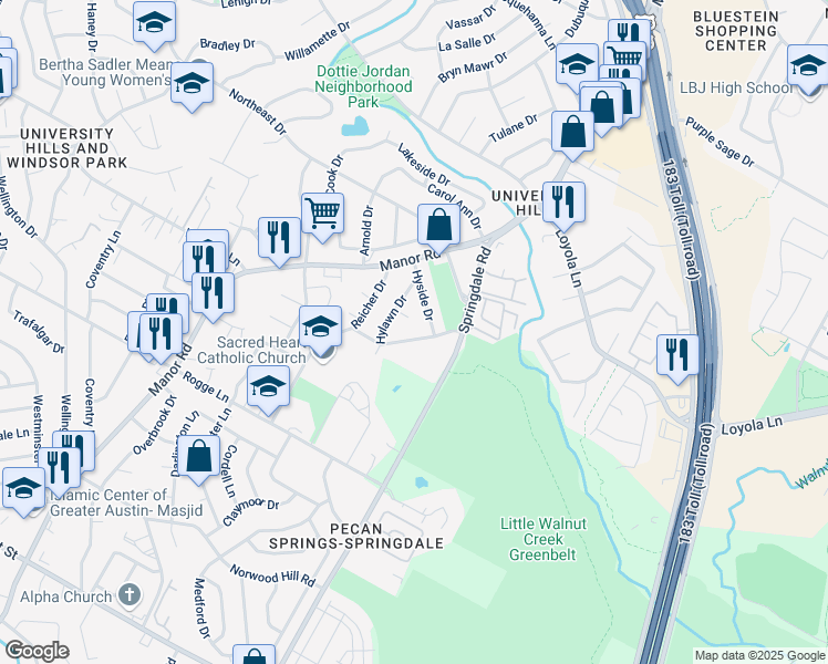 map of restaurants, bars, coffee shops, grocery stores, and more near 3303 Hyclimb Circle in Austin