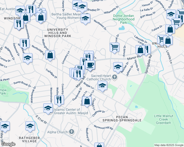 map of restaurants, bars, coffee shops, grocery stores, and more near 5803 Manor Road in Austin
