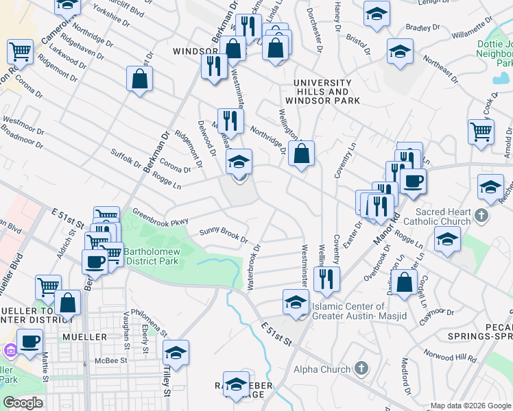 map of restaurants, bars, coffee shops, grocery stores, and more near 5405 Westminster Drive in Austin