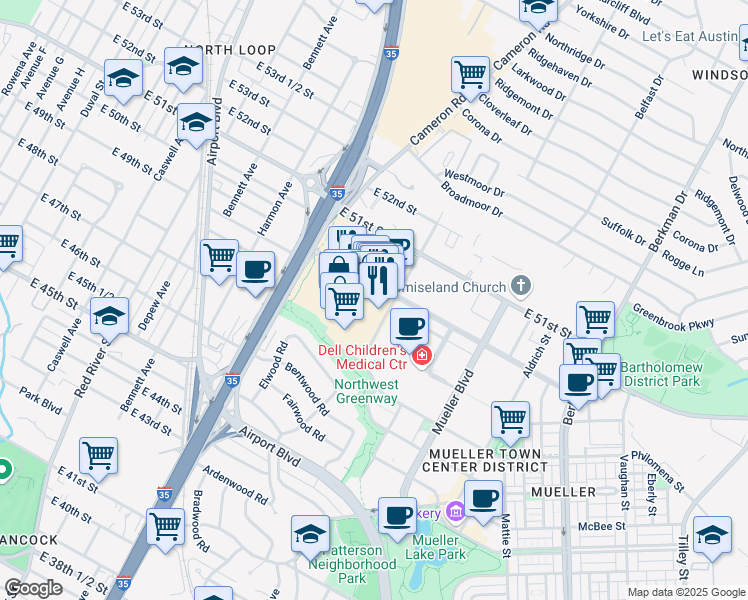 map of restaurants, bars, coffee shops, grocery stores, and more near 1295 Barbara Jordan Boulevard in Austin