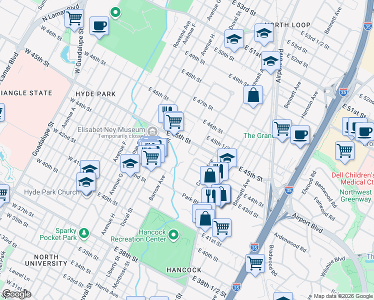 map of restaurants, bars, coffee shops, grocery stores, and more near 605 East 45th Street in Austin