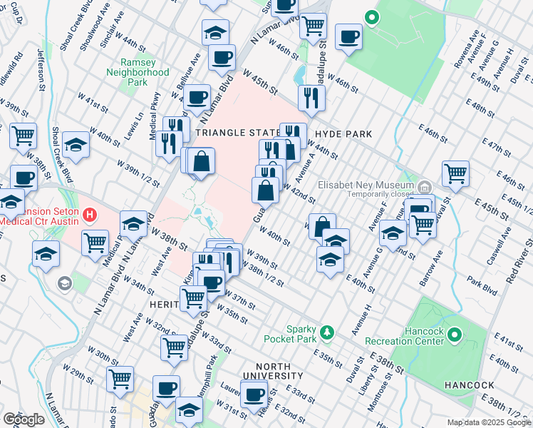 map of restaurants, bars, coffee shops, grocery stores, and more near 511 West 41st Street in Austin