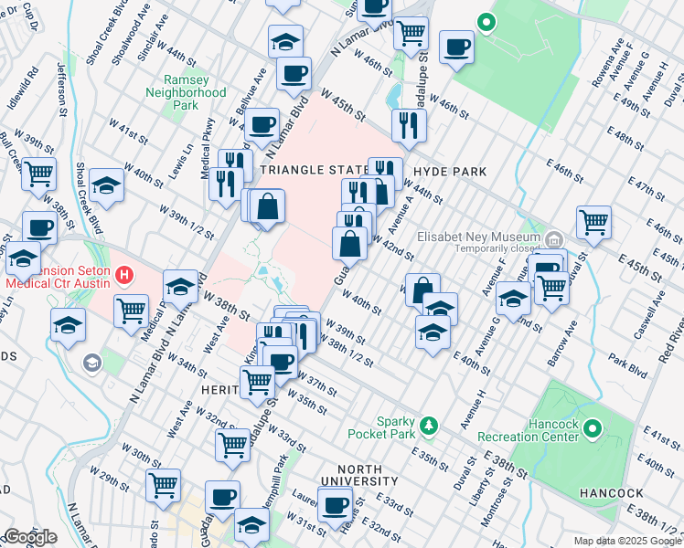 map of restaurants, bars, coffee shops, grocery stores, and more near 511 West 41st Street in Austin