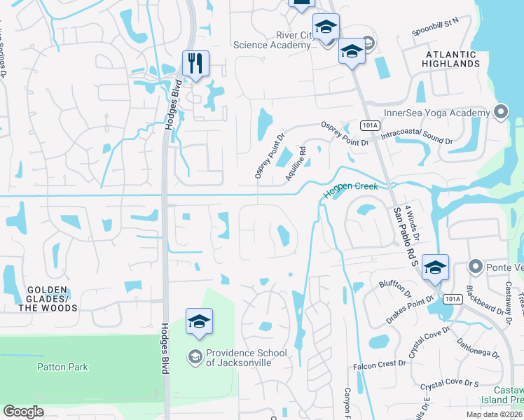 map of restaurants, bars, coffee shops, grocery stores, and more near 13426 Foxhaven Drive North in Jacksonville