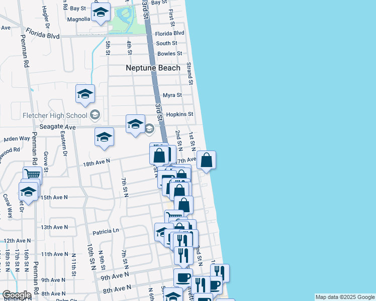 map of restaurants, bars, coffee shops, grocery stores, and more near 102 18th Avenue North in Jacksonville Beach