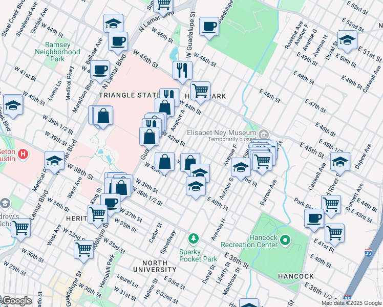 map of restaurants, bars, coffee shops, grocery stores, and more near 4113 Avenue C in Austin
