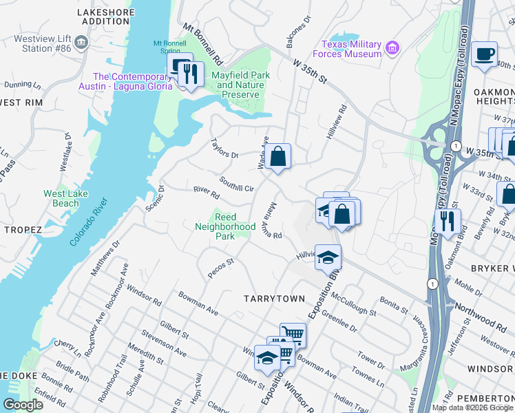 map of restaurants, bars, coffee shops, grocery stores, and more near 2623 Pecos Street in Austin