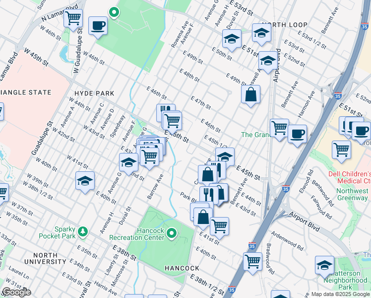 map of restaurants, bars, coffee shops, grocery stores, and more near 609 East 45th Street in Austin
