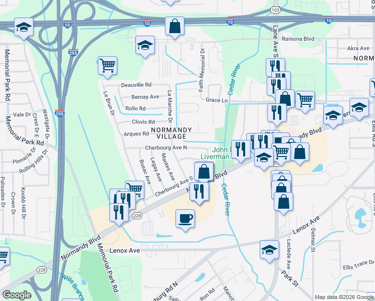 map of restaurants, bars, coffee shops, grocery stores, and more near 6738 Cherbourg Avenue North in Jacksonville