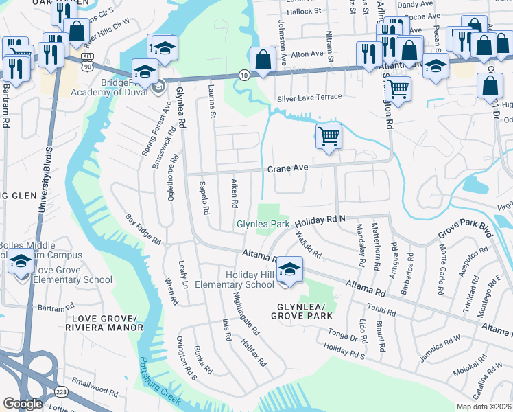 map of restaurants, bars, coffee shops, grocery stores, and more near 446 Tabor Drive West in Jacksonville