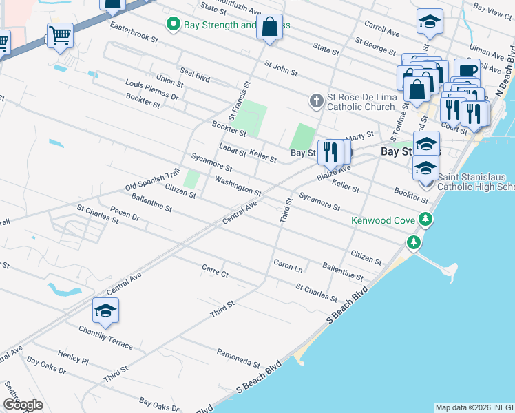 map of restaurants, bars, coffee shops, grocery stores, and more near 110 Central Ave in Bay St. Louis