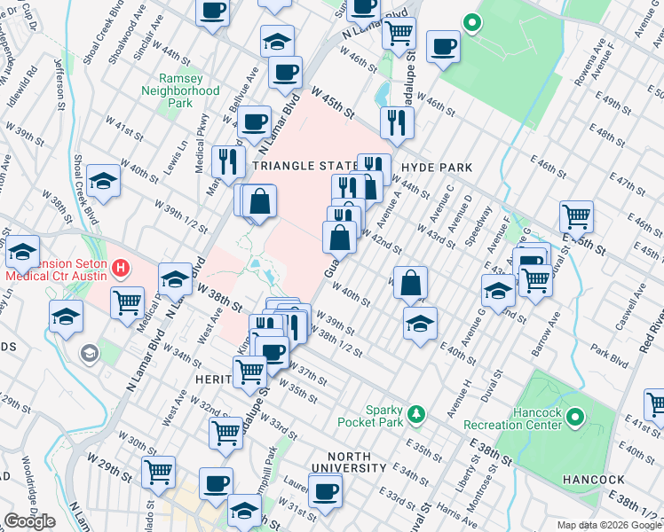 map of restaurants, bars, coffee shops, grocery stores, and more near 4110 Guadalupe Street in Austin
