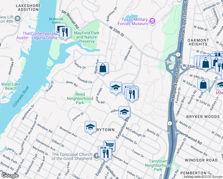 map of restaurants, bars, coffee shops, grocery stores, and more near 2801 Northwood Road in Austin