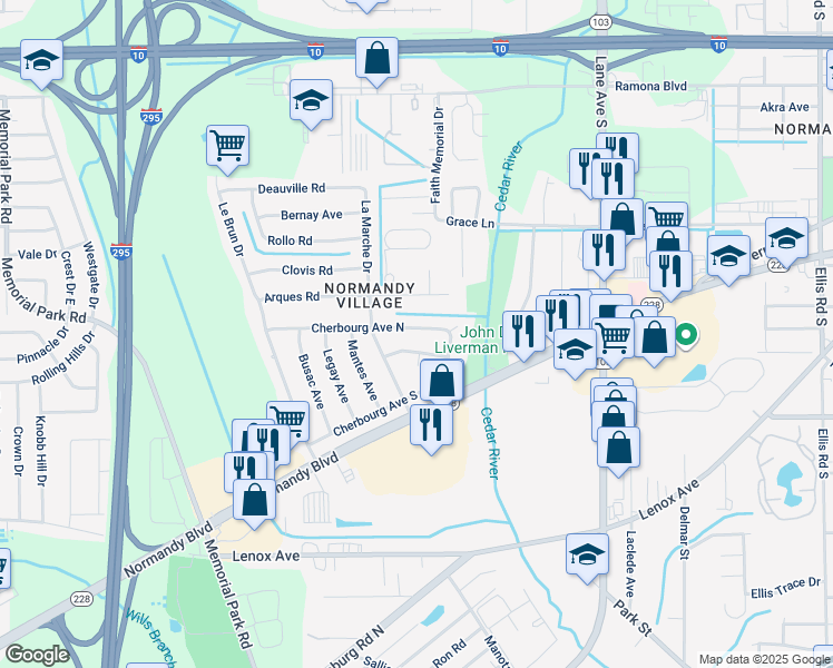 map of restaurants, bars, coffee shops, grocery stores, and more near 6738 Cherbourg Avenue North in Jacksonville