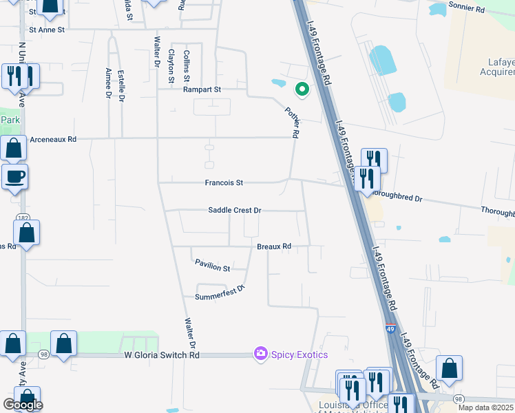 map of restaurants, bars, coffee shops, grocery stores, and more near 115 Francois Drive in Lafayette
