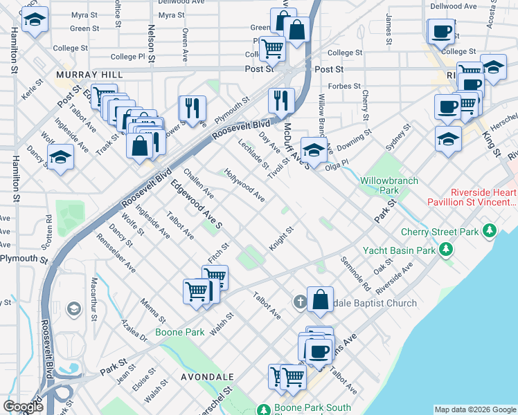 map of restaurants, bars, coffee shops, grocery stores, and more near 3348 Fitch Street in Jacksonville