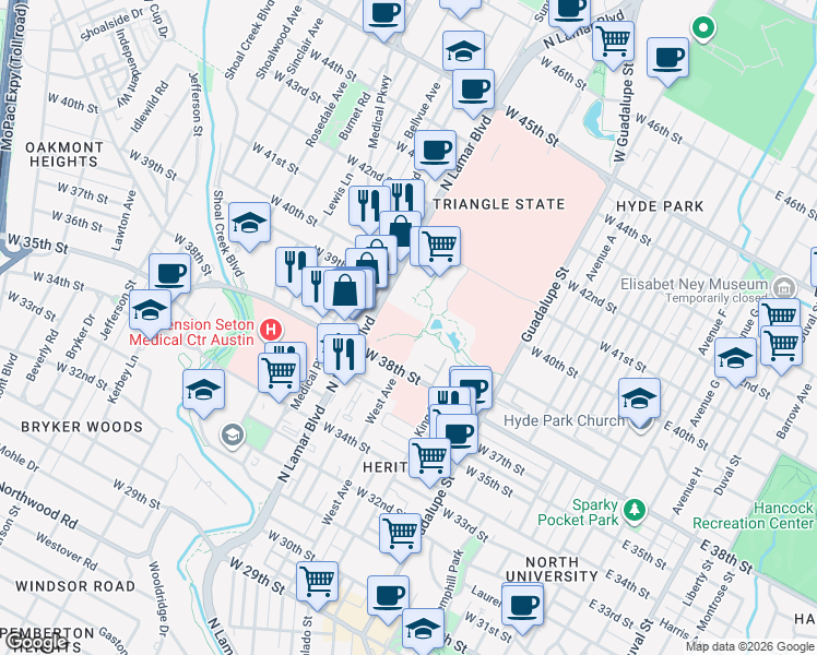 map of restaurants, bars, coffee shops, grocery stores, and more near 3801 North Lamar Boulevard in Austin