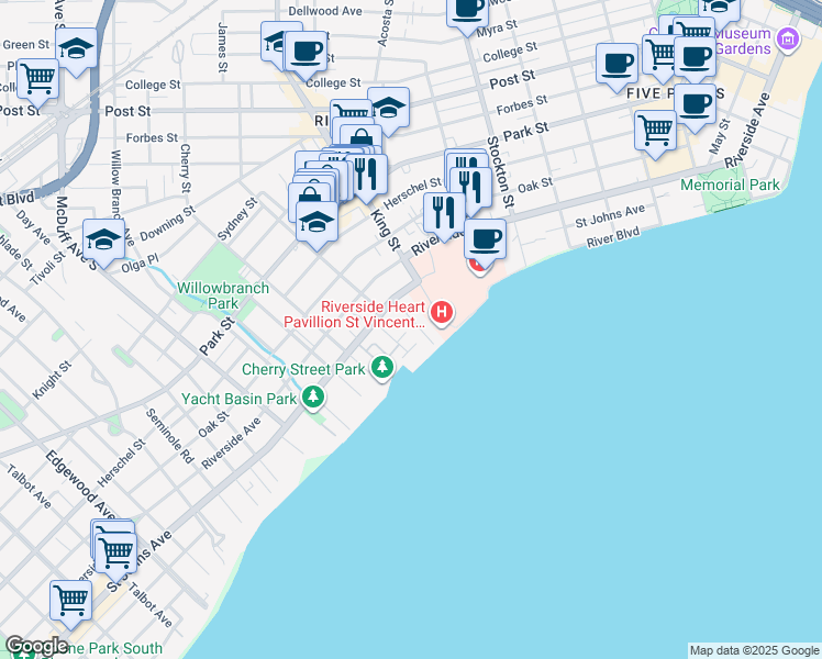 map of restaurants, bars, coffee shops, grocery stores, and more near 1842 Powell Place in Jacksonville