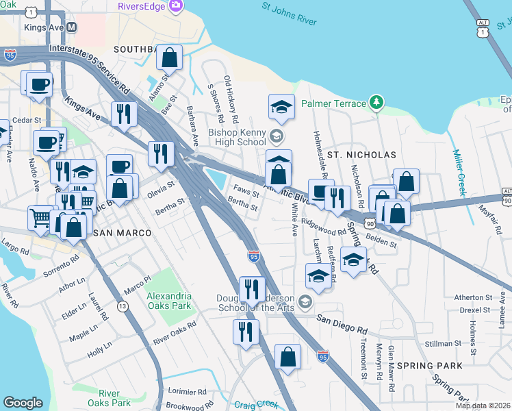 map of restaurants, bars, coffee shops, grocery stores, and more near 2305 Bertha Street in Jacksonville