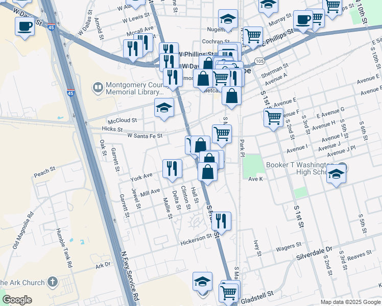 map of restaurants, bars, coffee shops, grocery stores, and more near 129 South Frazier Street in Conroe