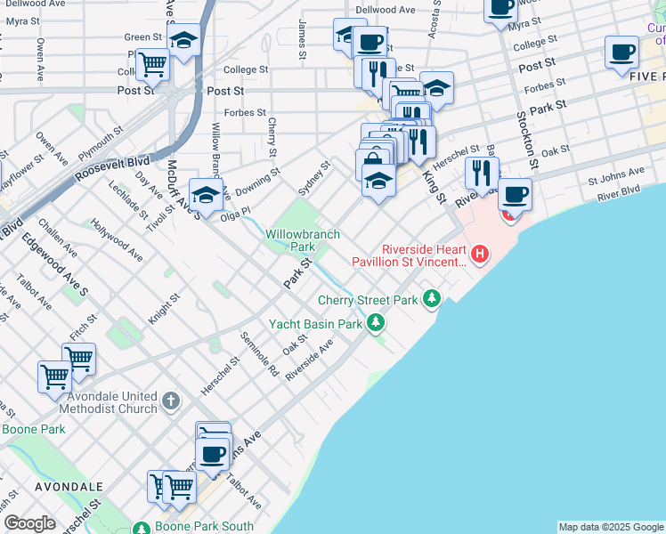 map of restaurants, bars, coffee shops, grocery stores, and more near 1533 Azalea Terrace in Jacksonville