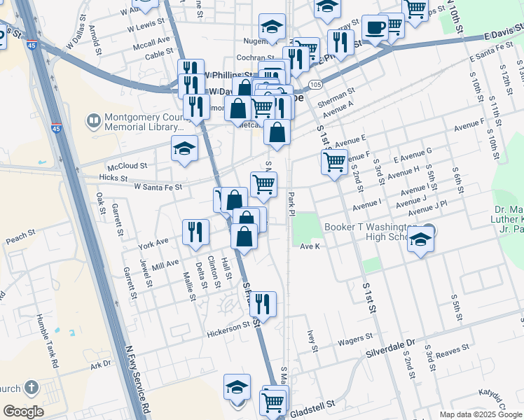 map of restaurants, bars, coffee shops, grocery stores, and more near 225 South Main Street in Conroe