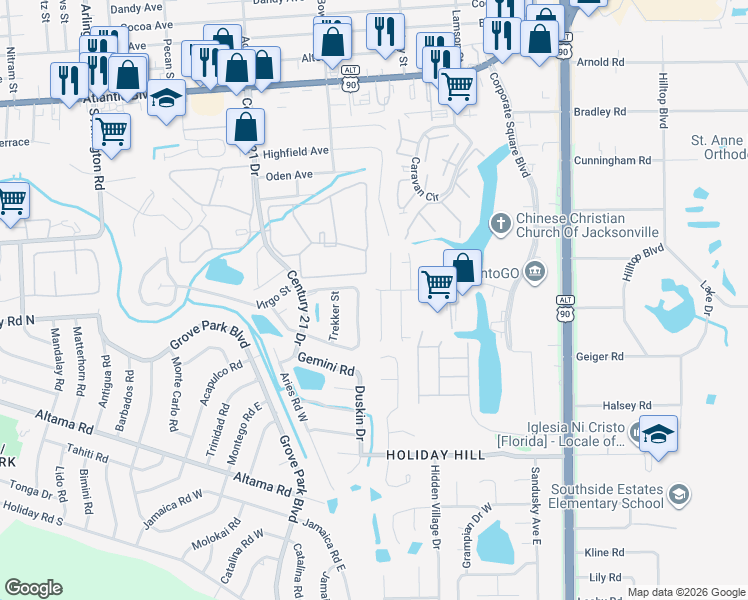 map of restaurants, bars, coffee shops, grocery stores, and more near 510 Narnia Court in Jacksonville