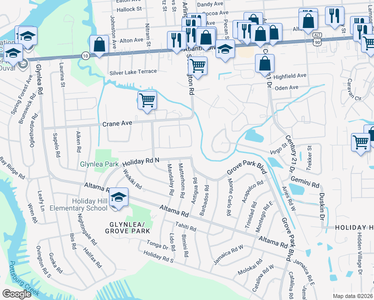 map of restaurants, bars, coffee shops, grocery stores, and more near 7260 Holiday Hill Court in Jacksonville