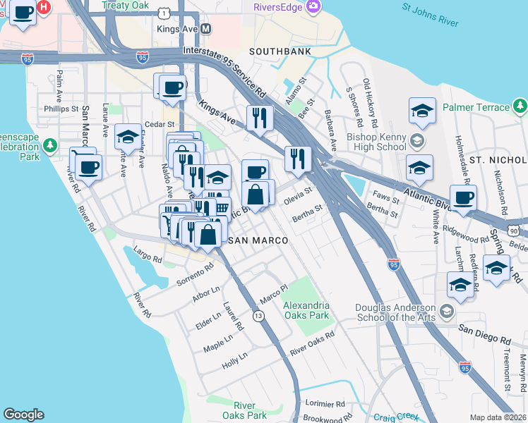 map of restaurants, bars, coffee shops, grocery stores, and more near 2035 Belote Place in Jacksonville