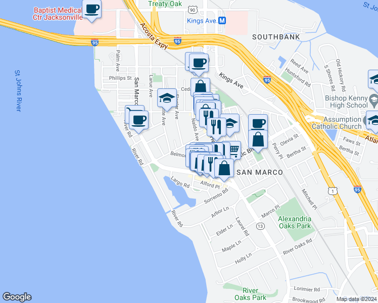 map of restaurants, bars, coffee shops, grocery stores, and more near 1840 Naldo Avenue in Jacksonville