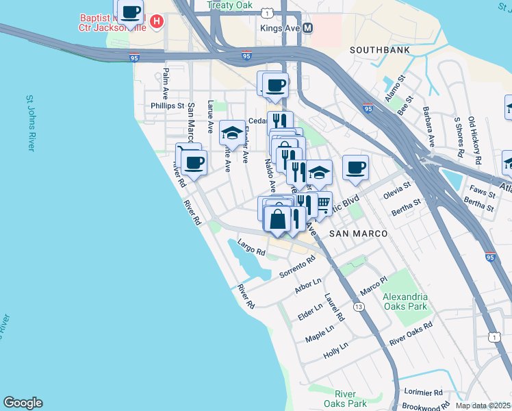 map of restaurants, bars, coffee shops, grocery stores, and more near 1222 Landon Avenue in Jacksonville