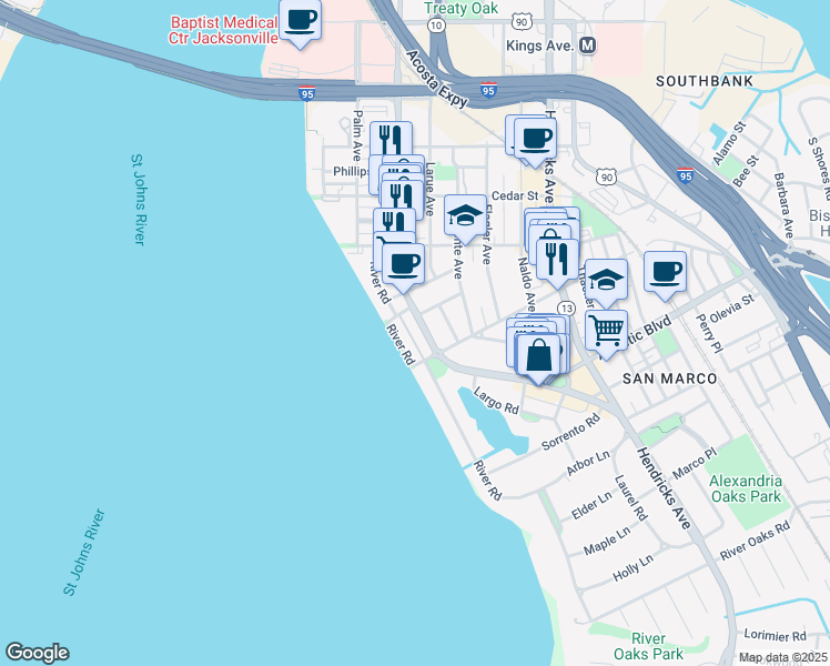map of restaurants, bars, coffee shops, grocery stores, and more near 1754 San Marco Boulevard in Jacksonville