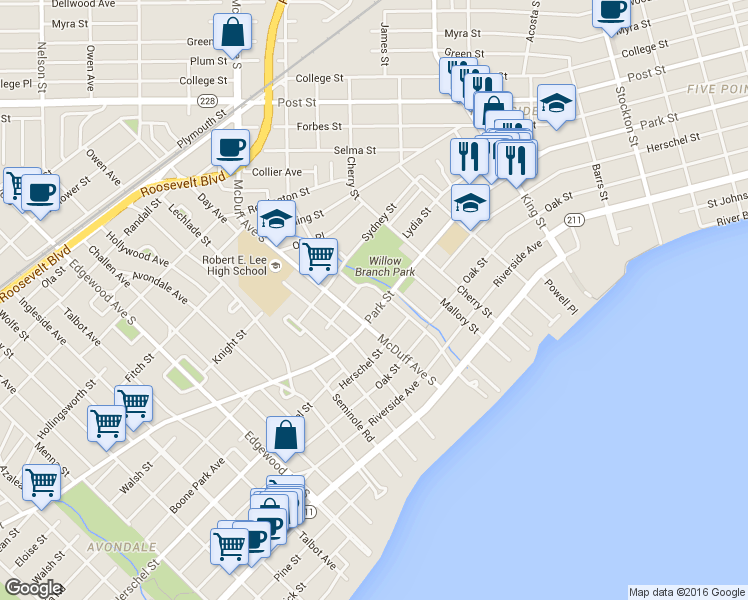 map of restaurants, bars, coffee shops, grocery stores, and more near 2900 Park Street in Jacksonville