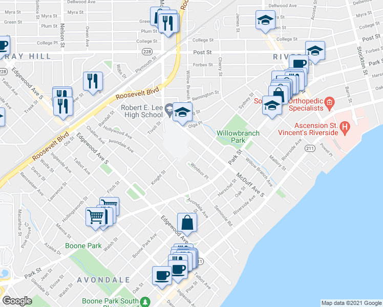 map of restaurants, bars, coffee shops, grocery stores, and more near 1234 Donald Street in Jacksonville
