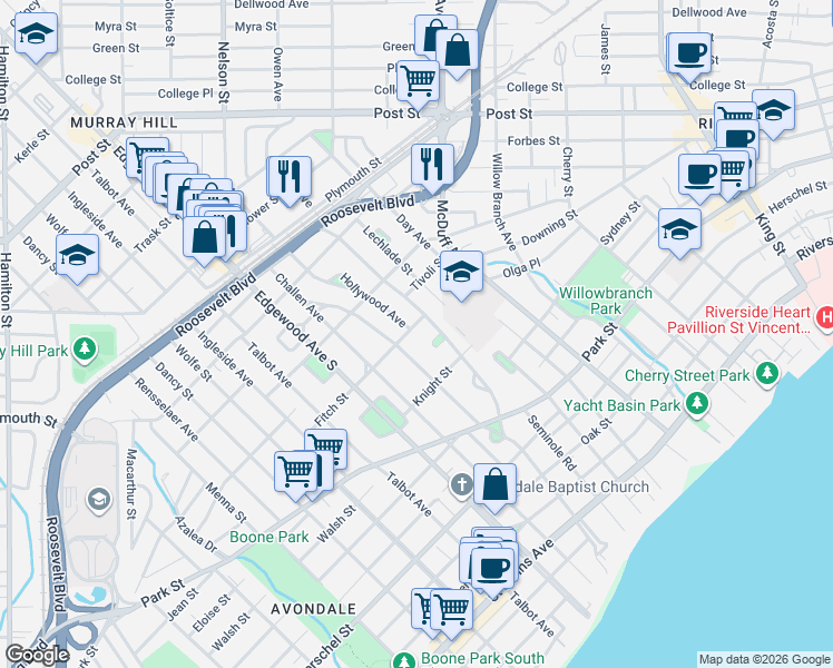 map of restaurants, bars, coffee shops, grocery stores, and more near 3348 Fitch Street in Jacksonville
