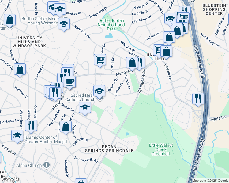 map of restaurants, bars, coffee shops, grocery stores, and more near 6107 Reicher Drive in Austin