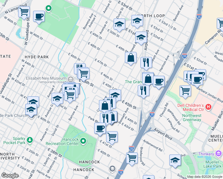 map of restaurants, bars, coffee shops, grocery stores, and more near 4507 Caswell Avenue in Austin