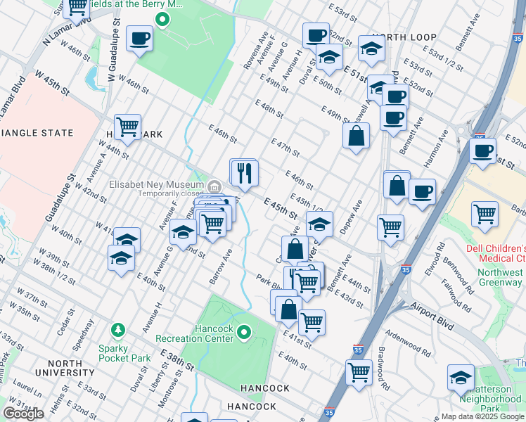 map of restaurants, bars, coffee shops, grocery stores, and more near 605 East 45th Street in Austin