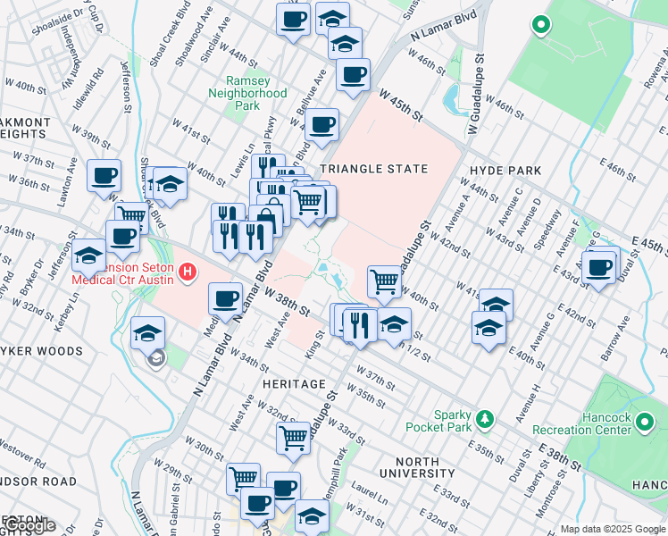 map of restaurants, bars, coffee shops, grocery stores, and more near West Avenue in Austin