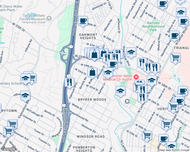 map of restaurants, bars, coffee shops, grocery stores, and more near 3303 Bryker Drive in Austin