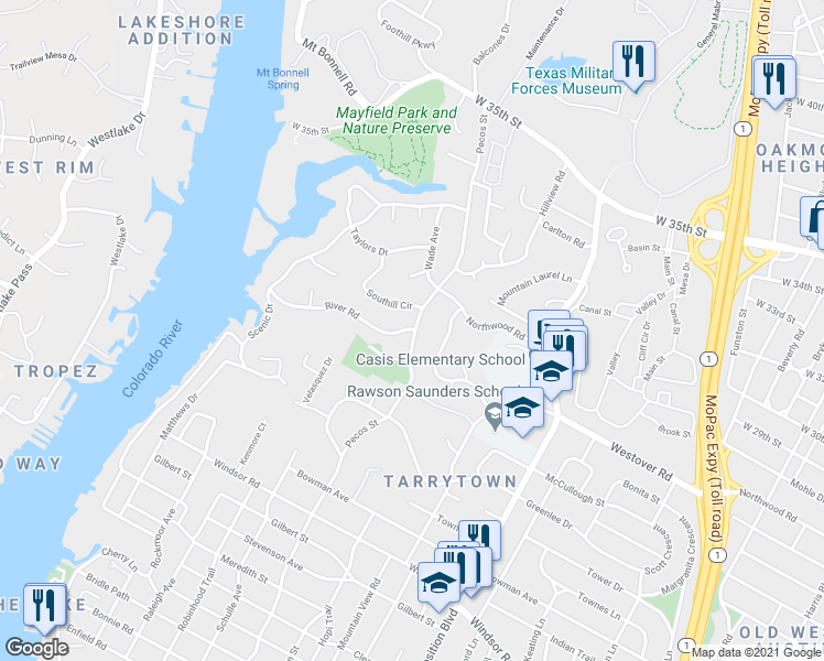 map of restaurants, bars, coffee shops, grocery stores, and more near 2600 Pecos Street in Austin