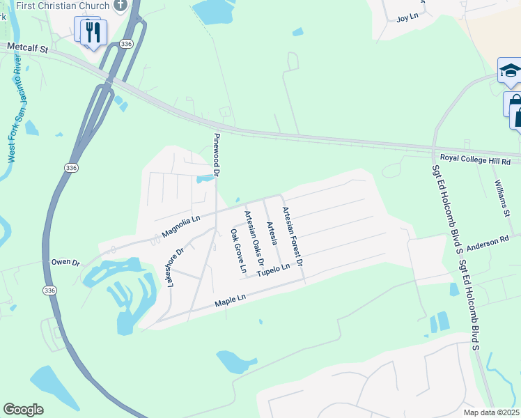 map of restaurants, bars, coffee shops, grocery stores, and more near 34 Artesia in Conroe