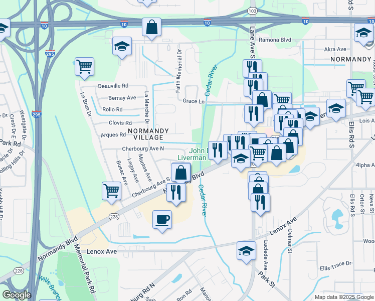 map of restaurants, bars, coffee shops, grocery stores, and more near 1005 Cherbourg Avenue East in Jacksonville