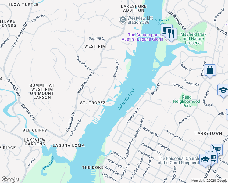 map of restaurants, bars, coffee shops, grocery stores, and more near 2507 Westlake Drive in Austin