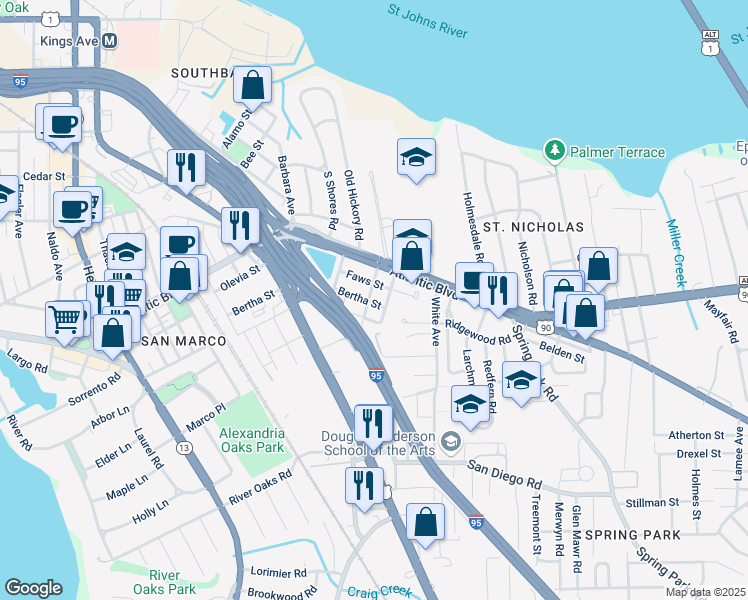 map of restaurants, bars, coffee shops, grocery stores, and more near 2305 Bertha Street in Jacksonville