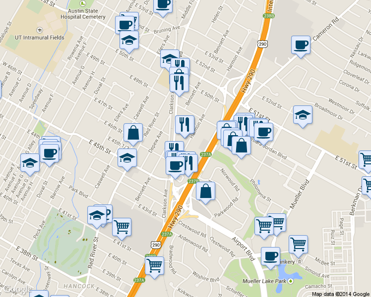 map of restaurants, bars, coffee shops, grocery stores, and more near 4707 Harmon Avenue in Austin